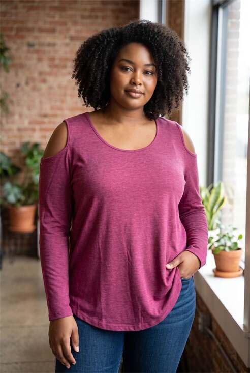 Unknown Tops - Cold Shoulder Long Sleeve Knit Top in Raspberry